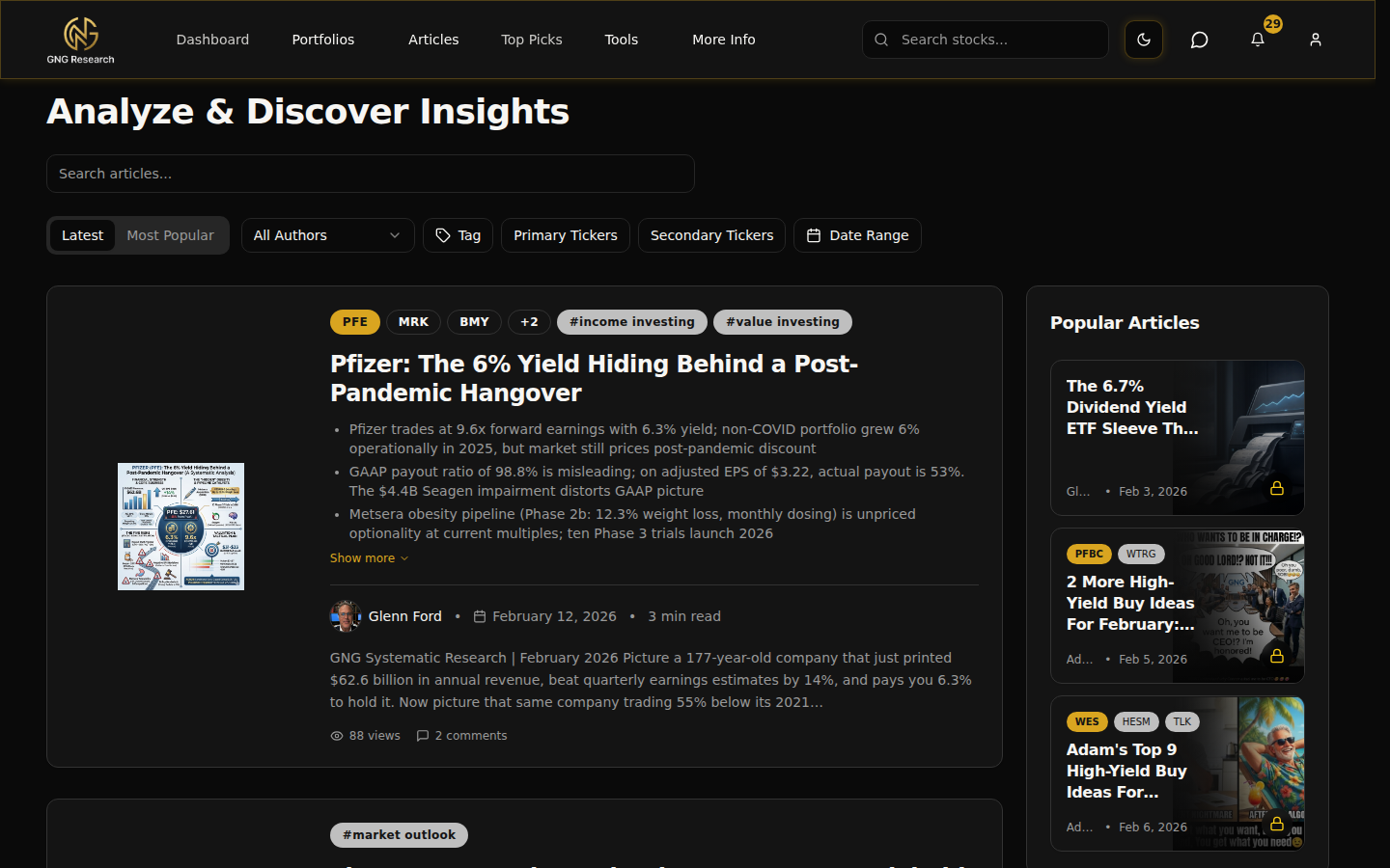 Articles page with search, filters, and research article cards