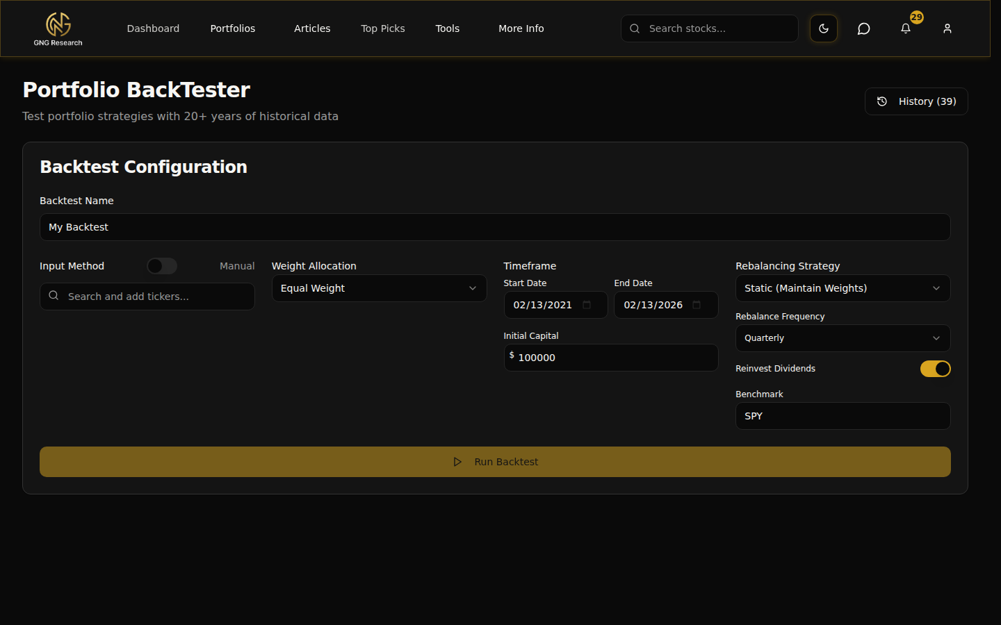 BackTester interface for building and testing portfolio strategies against historical data