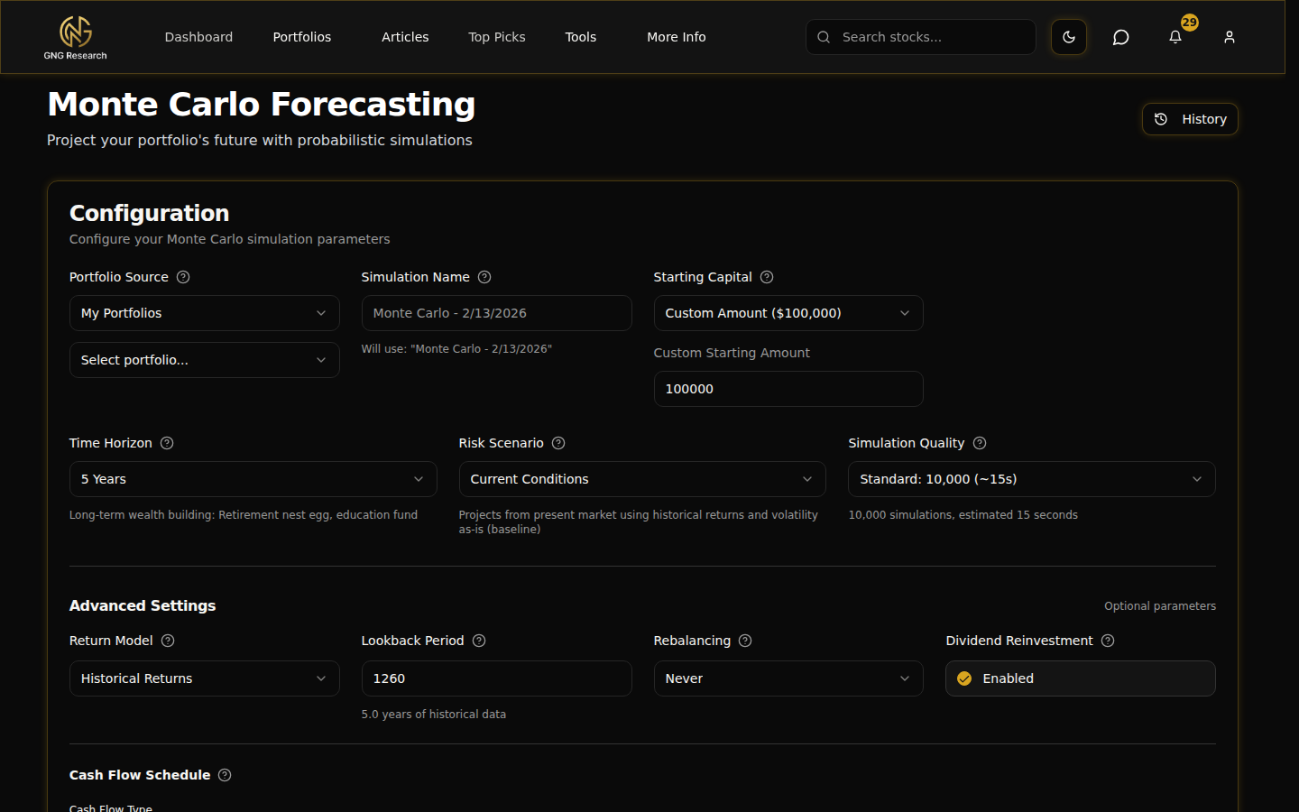 Monte Carlo Forecaster showing simulated outcome paths