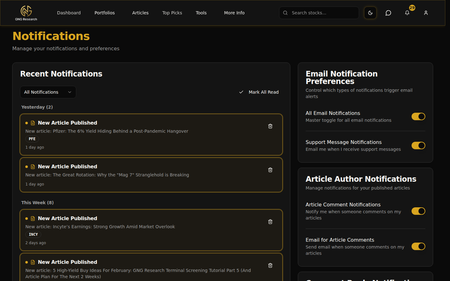 Notifications feed with preferences
