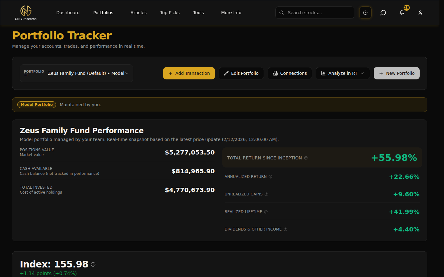 Portfolio Workspace with positions, transactions, analytics, and performance charts