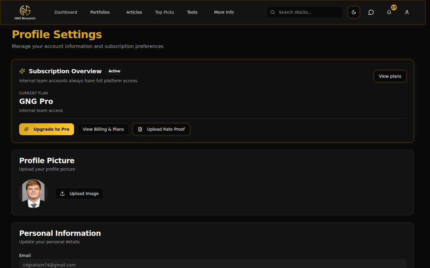 Profile page with avatar, bio, social links, and subscription management