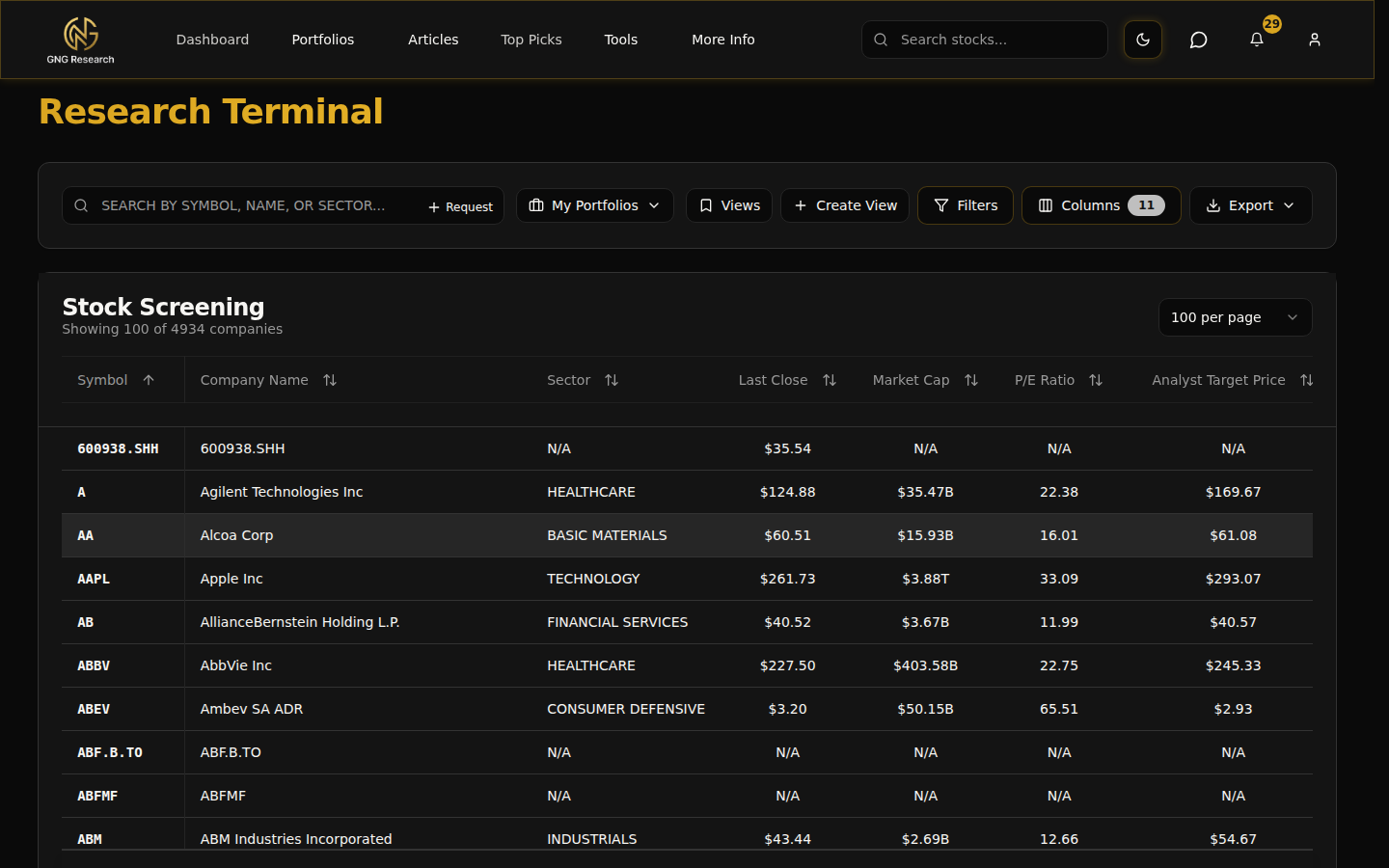 Research Terminal stock screener with sortable columns and filters