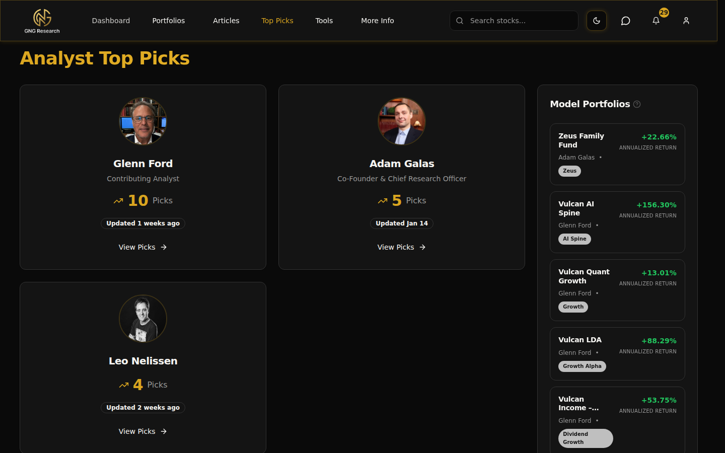 Top Picks page showing monthly curated analyst selections with investment theses
