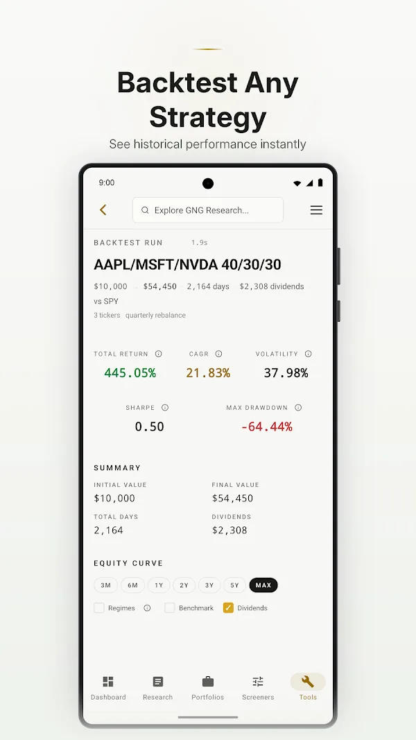 GNG Android app showing backtest results and a portfolio equity chart