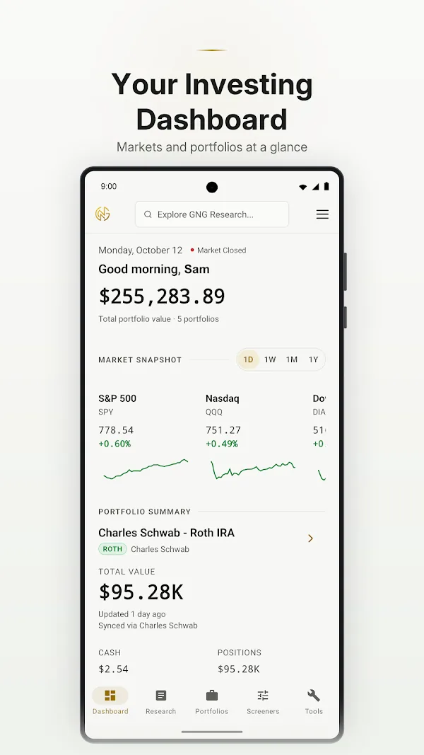 GNG Android app showing market charts and a portfolio summary