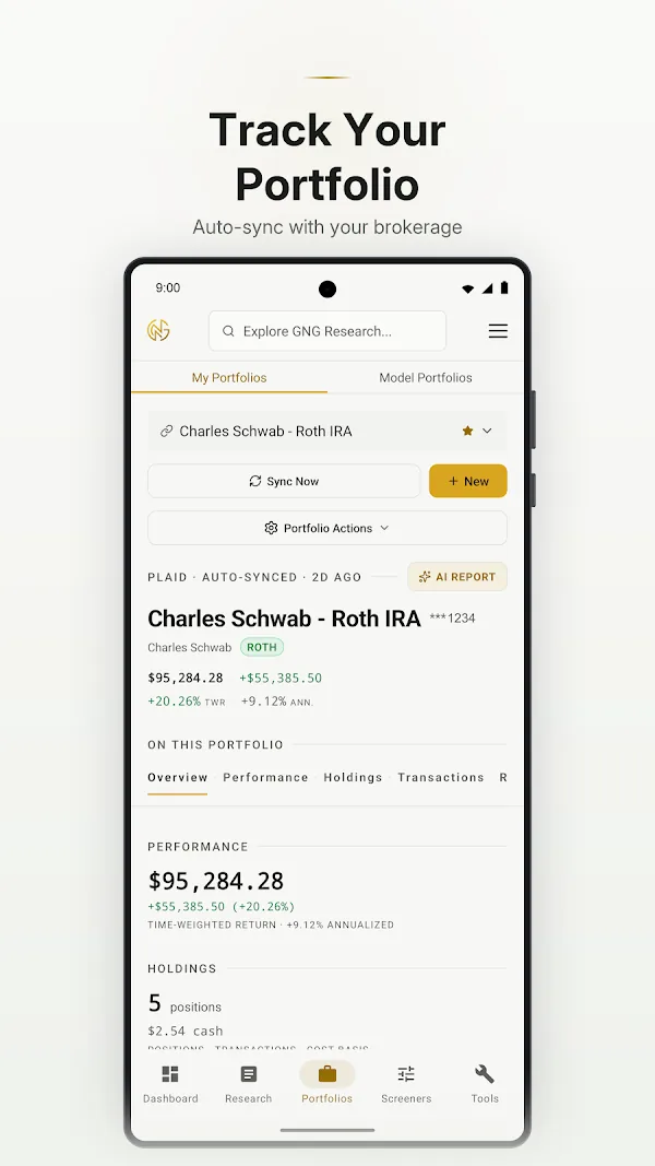 GNG Android app showing a Plaid-synced brokerage portfolio with performance and holdings