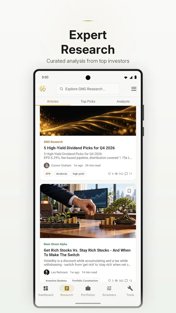 GNG Android app showing curated analysis articles in the research feed