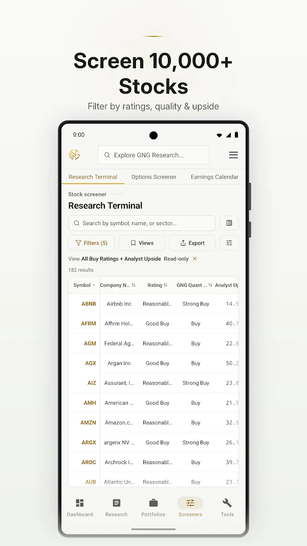 GNG Android app showing the Research Terminal stock screener