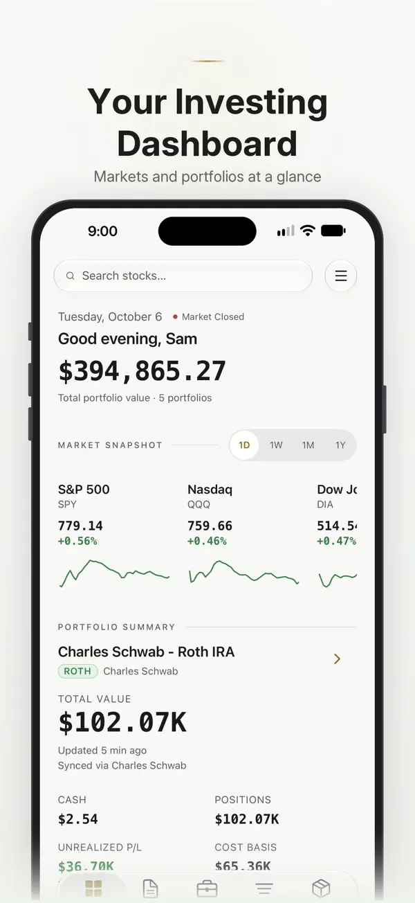 GNG iPhone app showing market charts and a portfolio summary