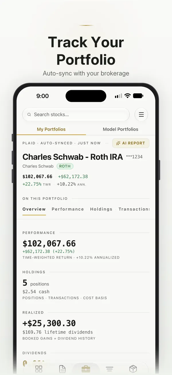 GNG iPhone app showing a linked portfolio with performance and holdings