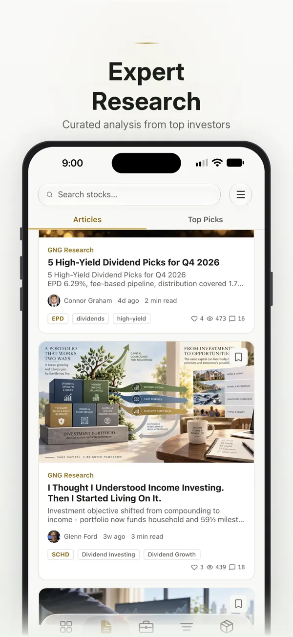 GNG iPhone app showing the Articles research feed