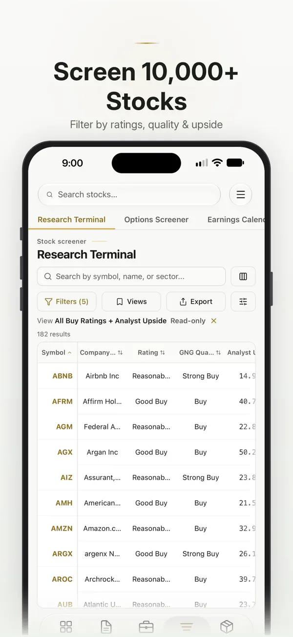 GNG iPhone app showing the Research Terminal stock screener