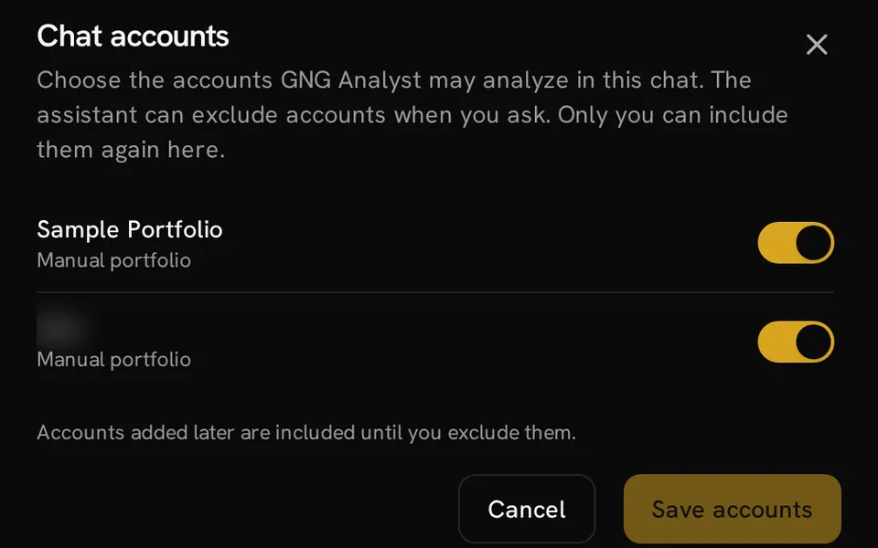 Chat accounts dialog with inclusion switches and a masked non-sample portfolio name