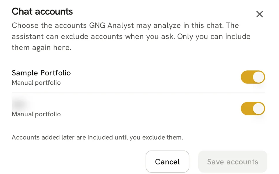Chat accounts dialog with inclusion switches and a masked non-sample portfolio name