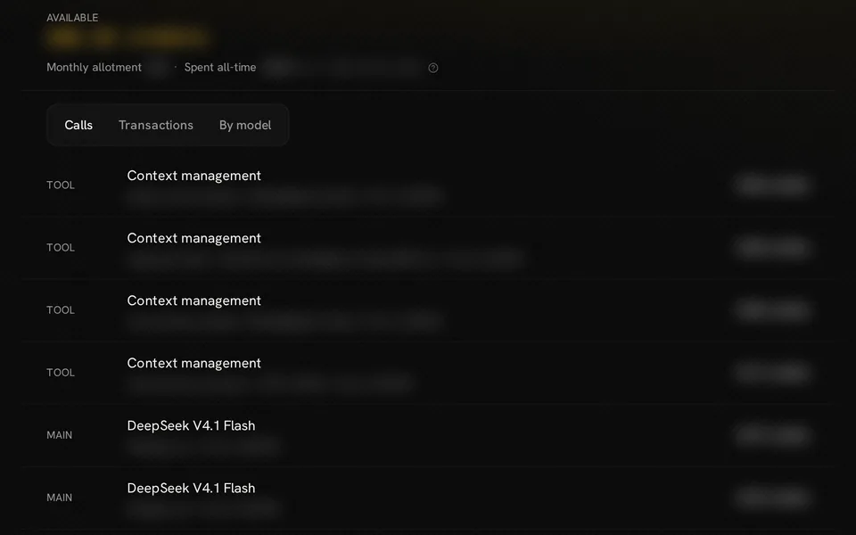 Credit usage panel with usage tabs and call-history rows, with account amounts and row details masked
