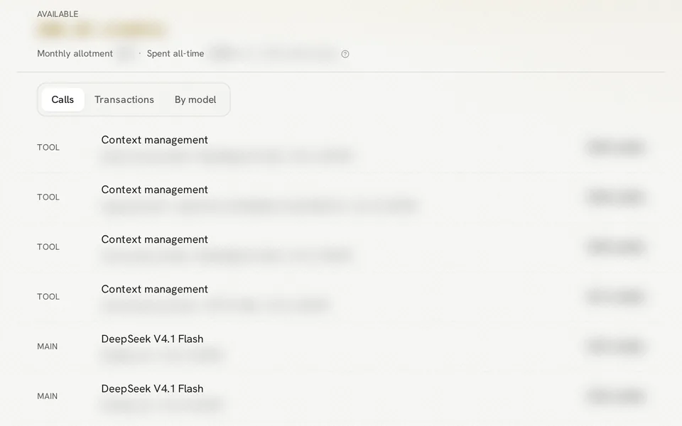 Credit usage panel with usage tabs and call-history rows, with account amounts and row details masked