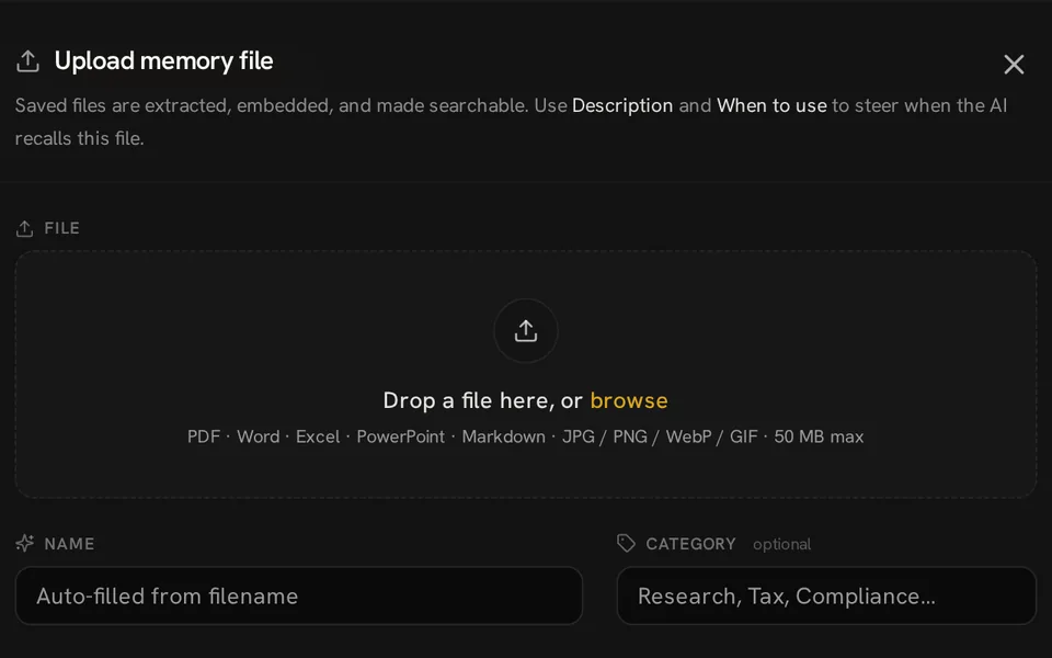 Upload memory file dialog with a file drop area, supported formats, and name and category fields