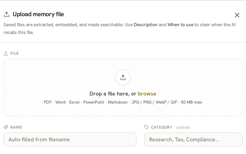 Upload memory file dialog with a file drop area, supported formats, and name and category fields