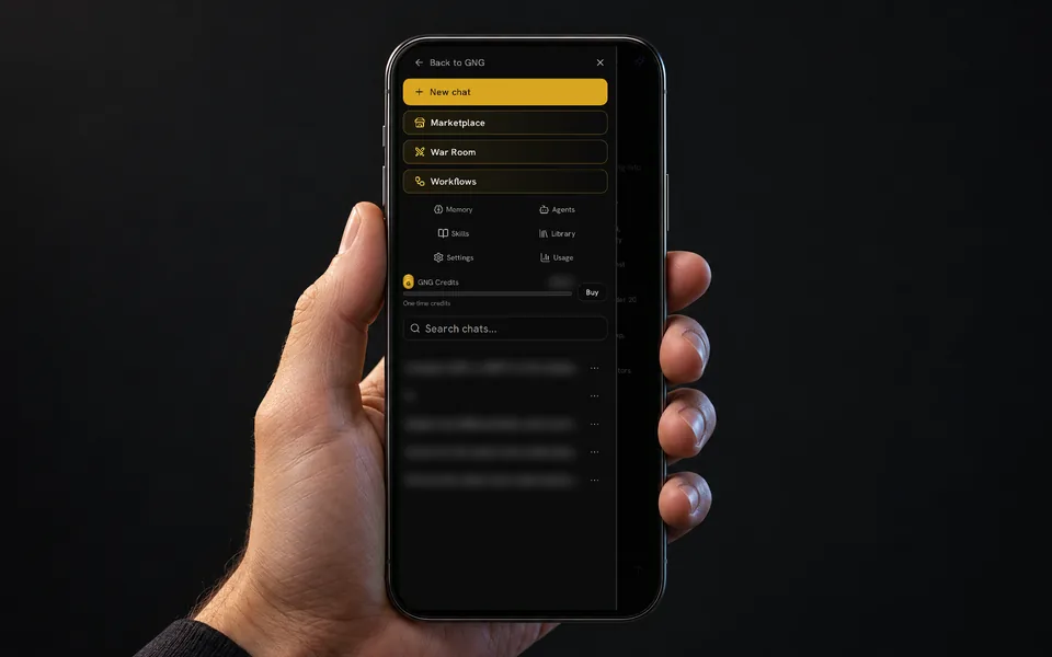 Hand holding a phone showing the GNG Analyst drawer with chat search, masked conversation titles and a masked balance