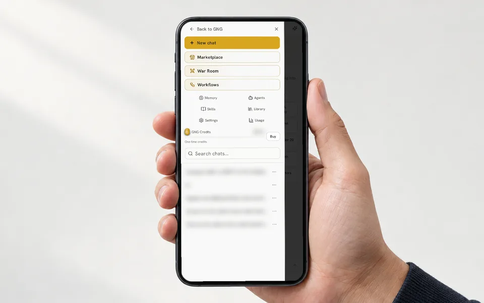Hand holding a phone showing the GNG Analyst drawer with chat search, masked conversation titles and a masked balance
