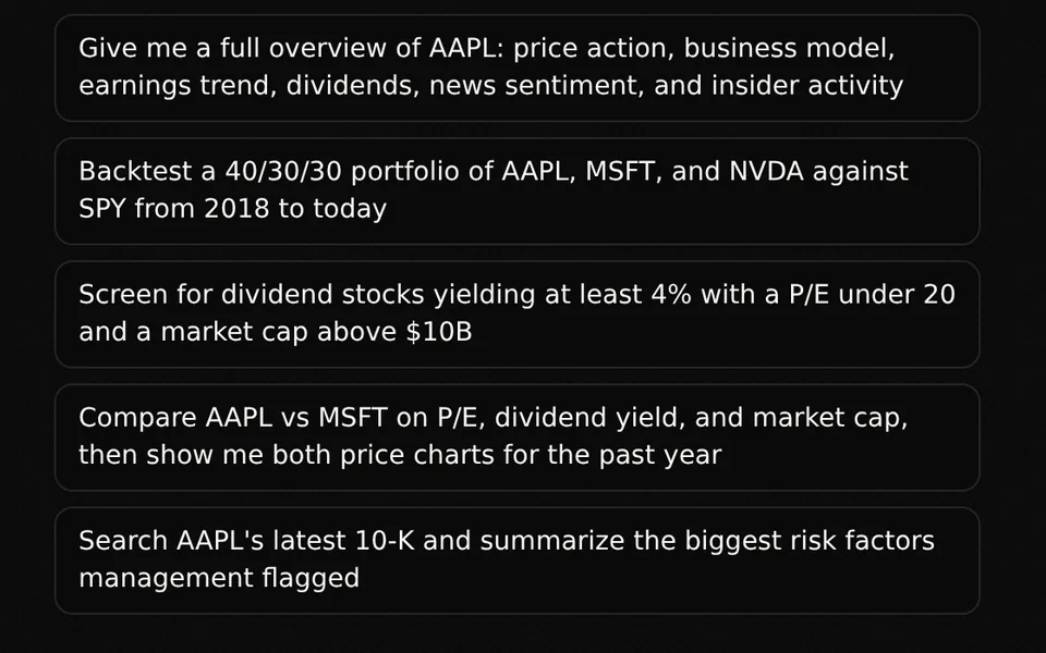 Five suggested prompts for a stock overview, portfolio backtest, dividend screen, company comparison and 10-K search