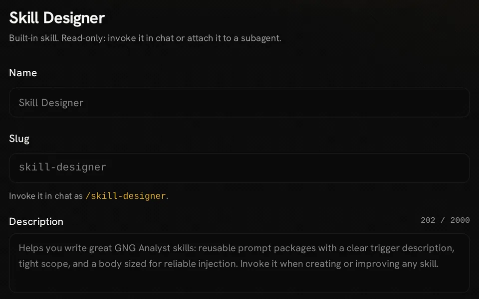 Read-only Skill Designer view showing the built-in skill name, slash-command slug and description