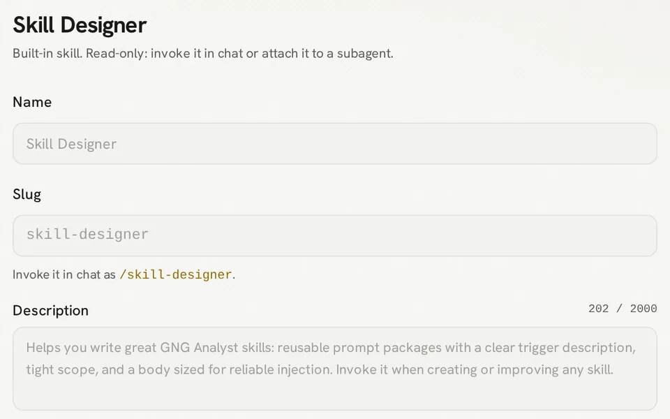 Read-only Skill Designer view showing the built-in skill name, slash-command slug and description