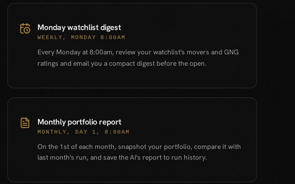 Scheduled workflow templates for a Monday watchlist digest and a monthly portfolio report