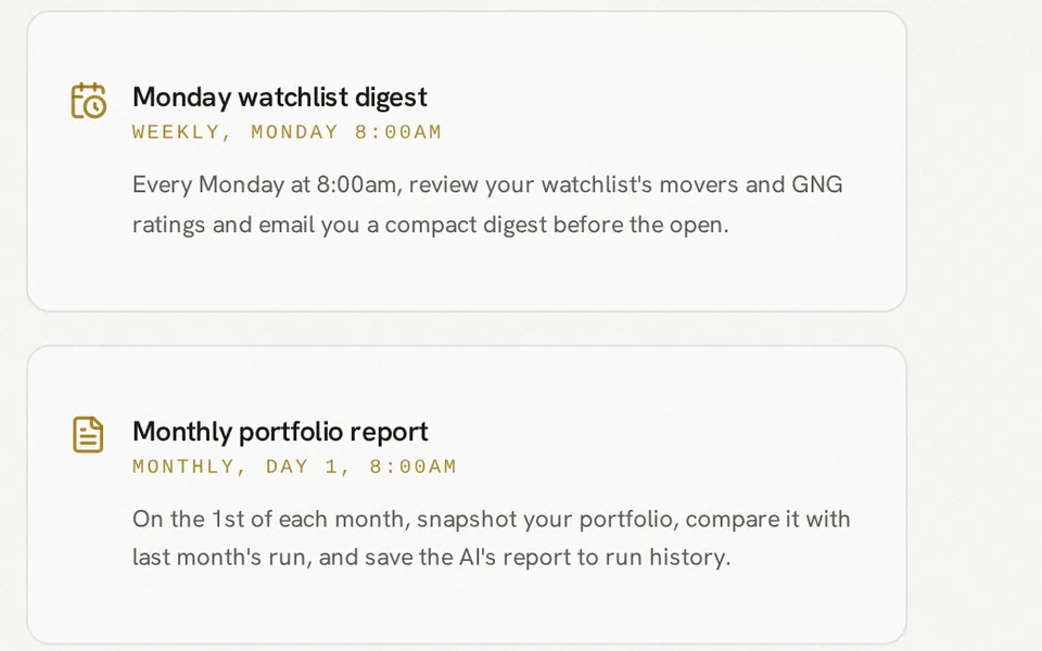 Scheduled workflow templates for a Monday watchlist digest and a monthly portfolio report