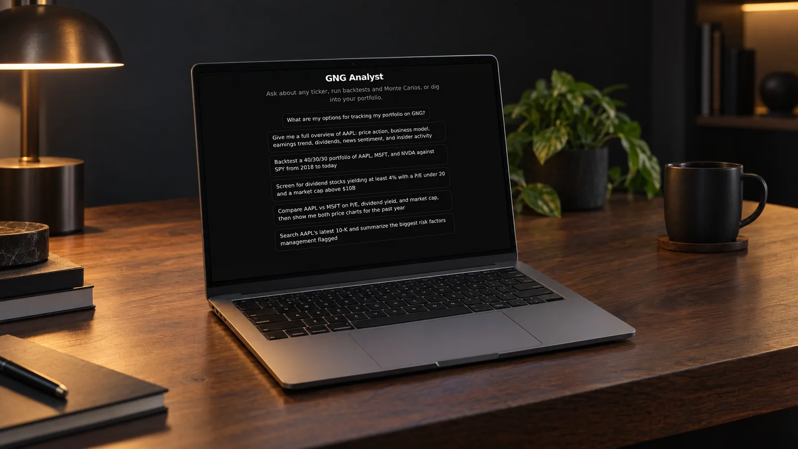 Laptop on a desk showing the GNG Analyst welcome screen and six suggested research prompts