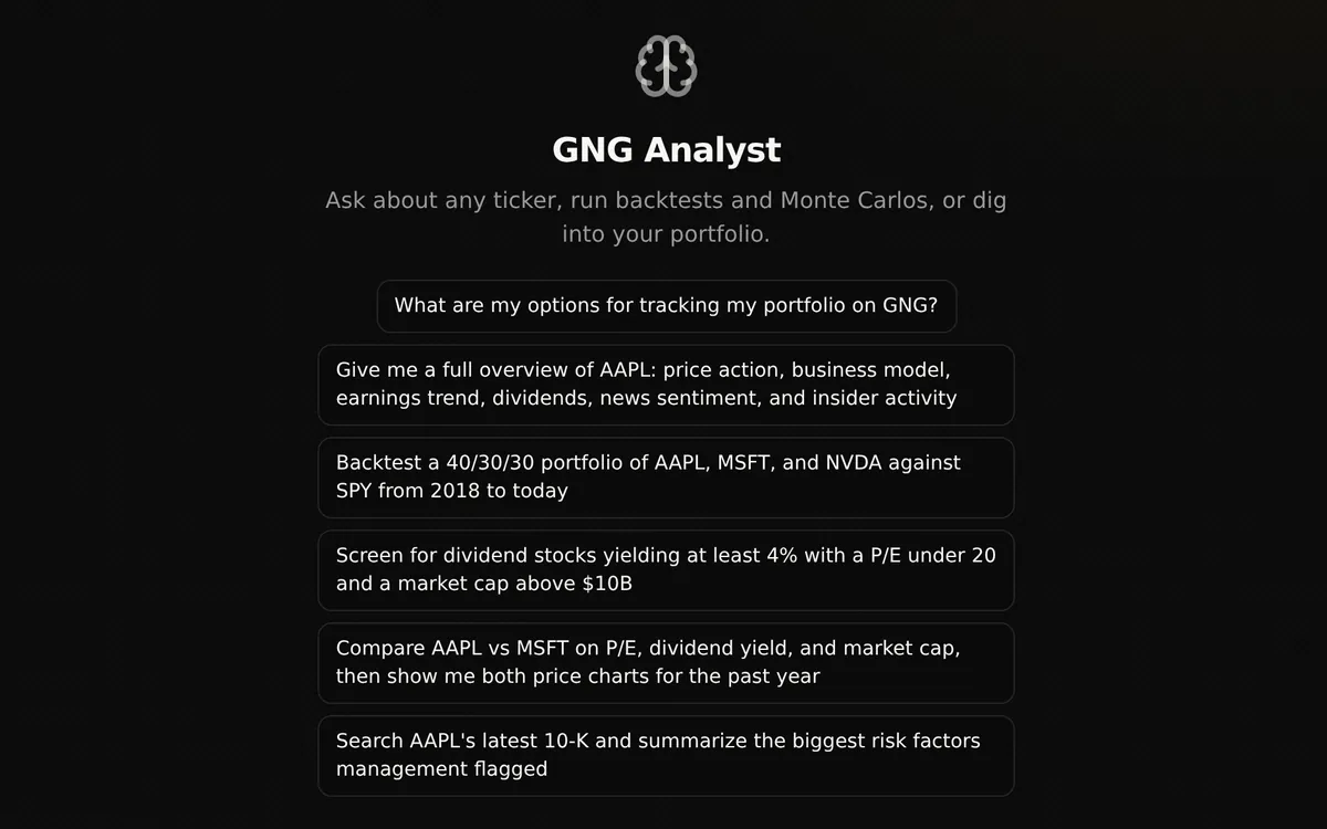 The GNG Analyst start screen with suggested AI stock analysis prompts: a portfolio question, a stock overview, a backtest, a dividend screen, a two-stock comparison, and a 10-K risk summary.