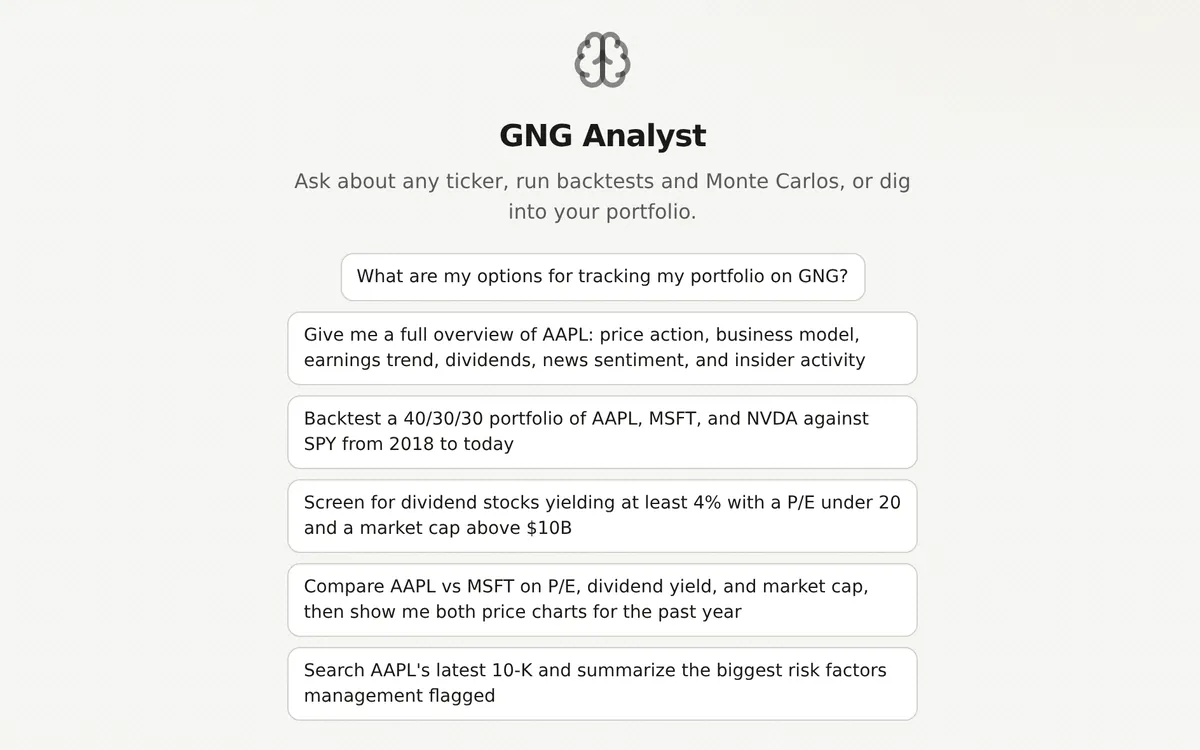 The GNG Analyst start screen with suggested AI stock analysis prompts: a portfolio question, a stock overview, a backtest, a dividend screen, a two-stock comparison, and a 10-K risk summary.