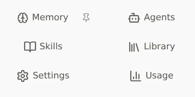 Memory, Agents, Skills, Library, Settings and Usage controls in the GNG Analyst sidebar