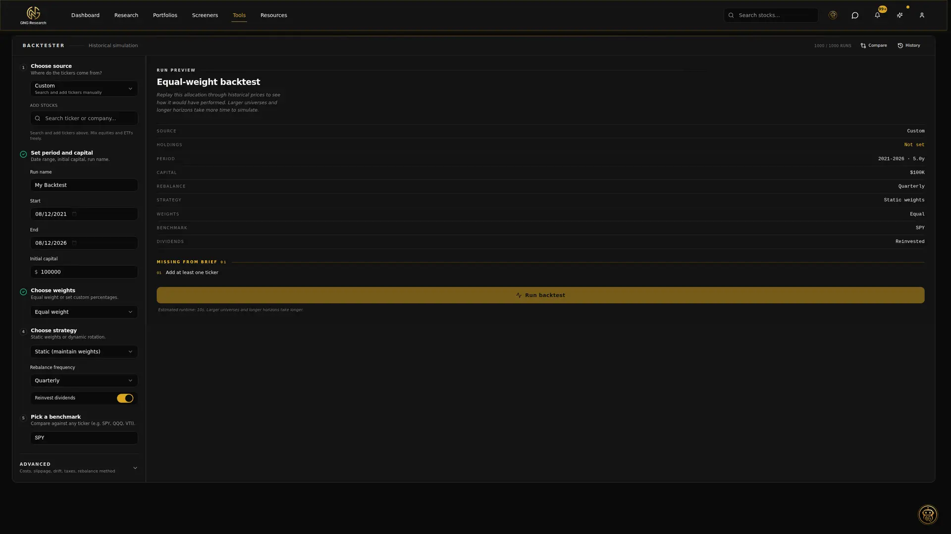 The GNG portfolio backtester run builder with source, period, weights, strategy, and benchmark steps