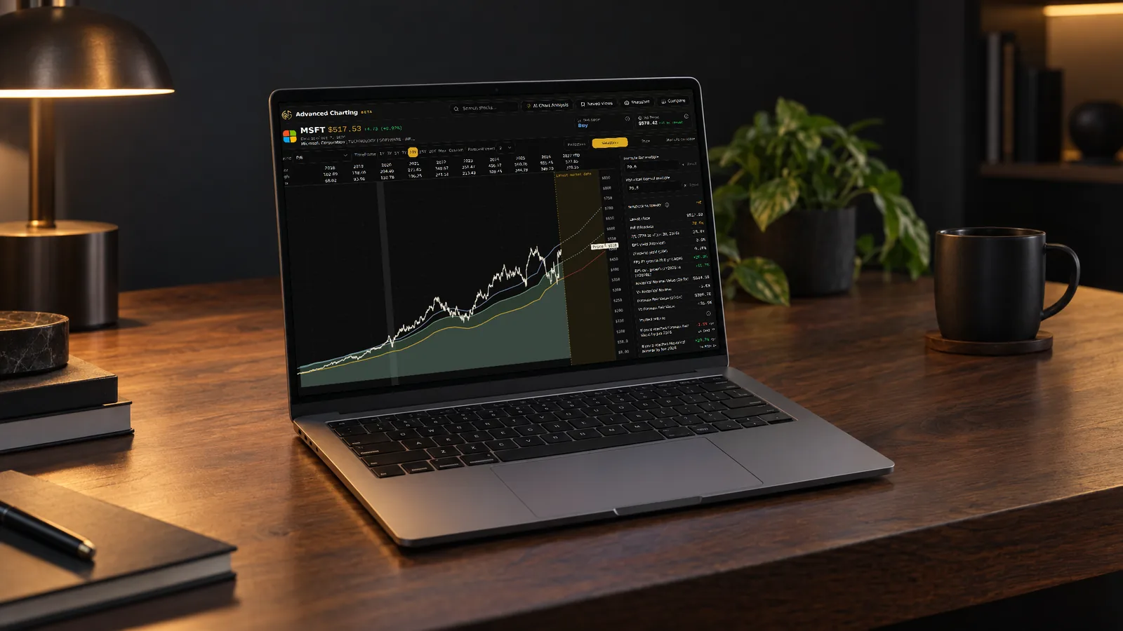 Laptop on a desk showing Advanced Charting with the Microsoft valuation chart and window summary.