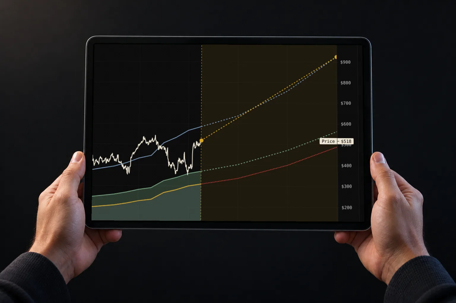 Hands holding a tablet showing Microsoft price and valuation lines with dashed forecasts and projection endpoints.