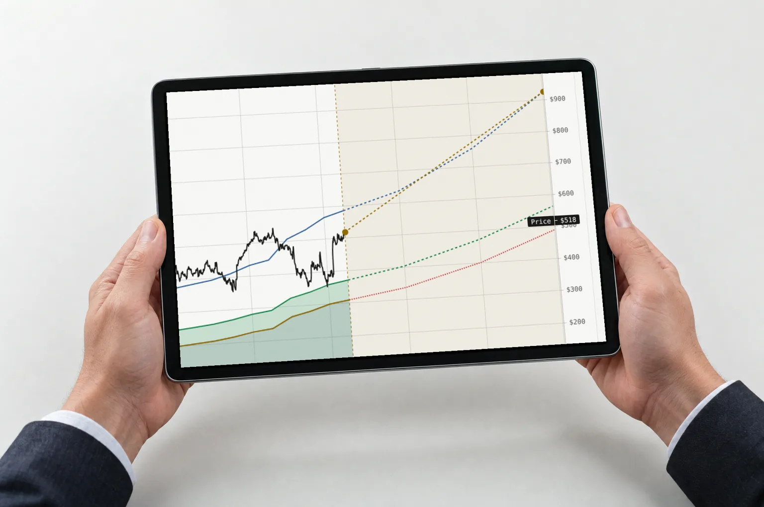 Hands holding a tablet showing Microsoft price and valuation lines with dashed forecasts and projection endpoints.