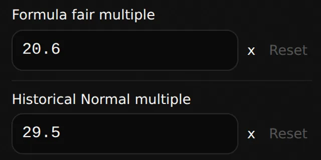 Formula fair multiple and Historical Normal multiple inputs with reset controls.