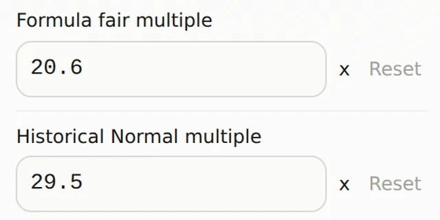 Formula fair multiple and Historical Normal multiple inputs with reset controls.