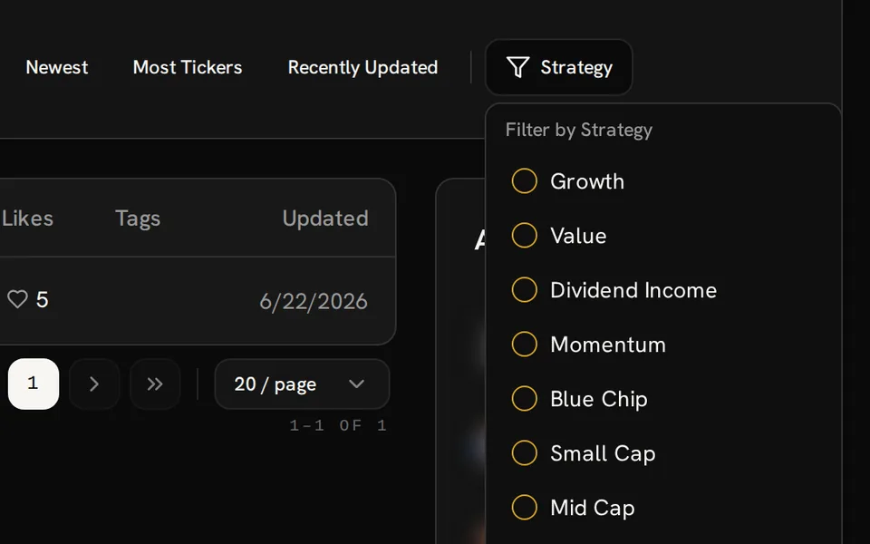 Community Watchlists Strategy filter open with Growth, Value, Dividend Income and other tags beside sort controls.