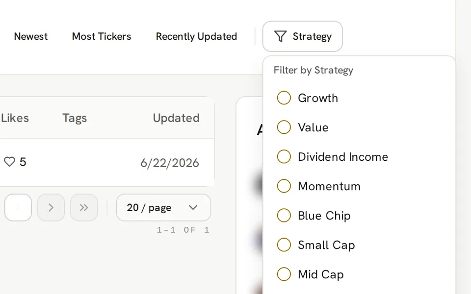 Community Watchlists Strategy filter open with Growth, Value, Dividend Income and other tags beside sort controls.