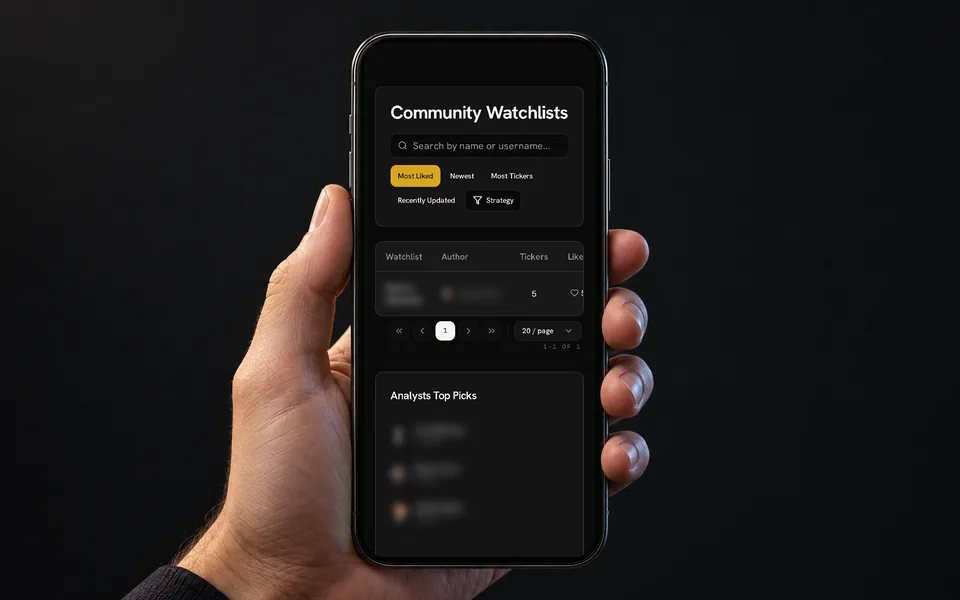 Hand holding a phone showing Community Watchlists search, sorting and a shared list above the stacked sidebar; member names are blurred.
