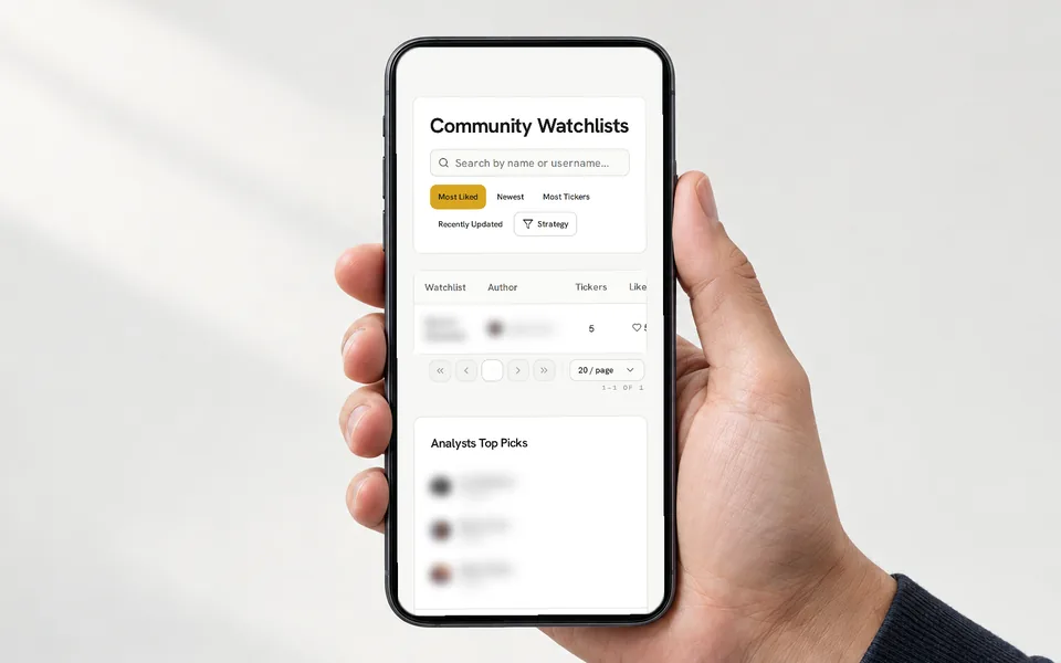Hand holding a phone showing Community Watchlists search, sorting and a shared list above the stacked sidebar; member names are blurred.