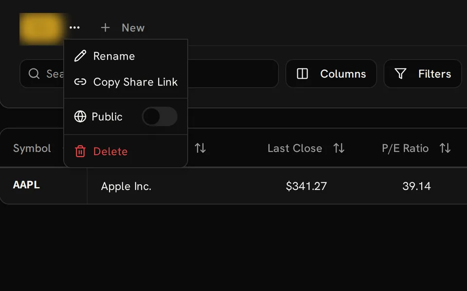 Watchlist menu showing Copy Share Link and the Public switch turned off above an Apple Inc. row; the watchlist name is blurred.