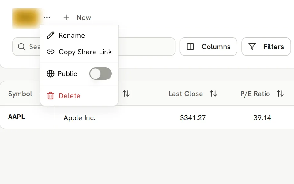 Watchlist menu showing Copy Share Link and the Public switch turned off above an Apple Inc. row; the watchlist name is blurred.