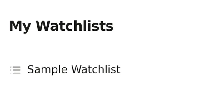 My Watchlists sidebar section showing the Sample Watchlist entry.