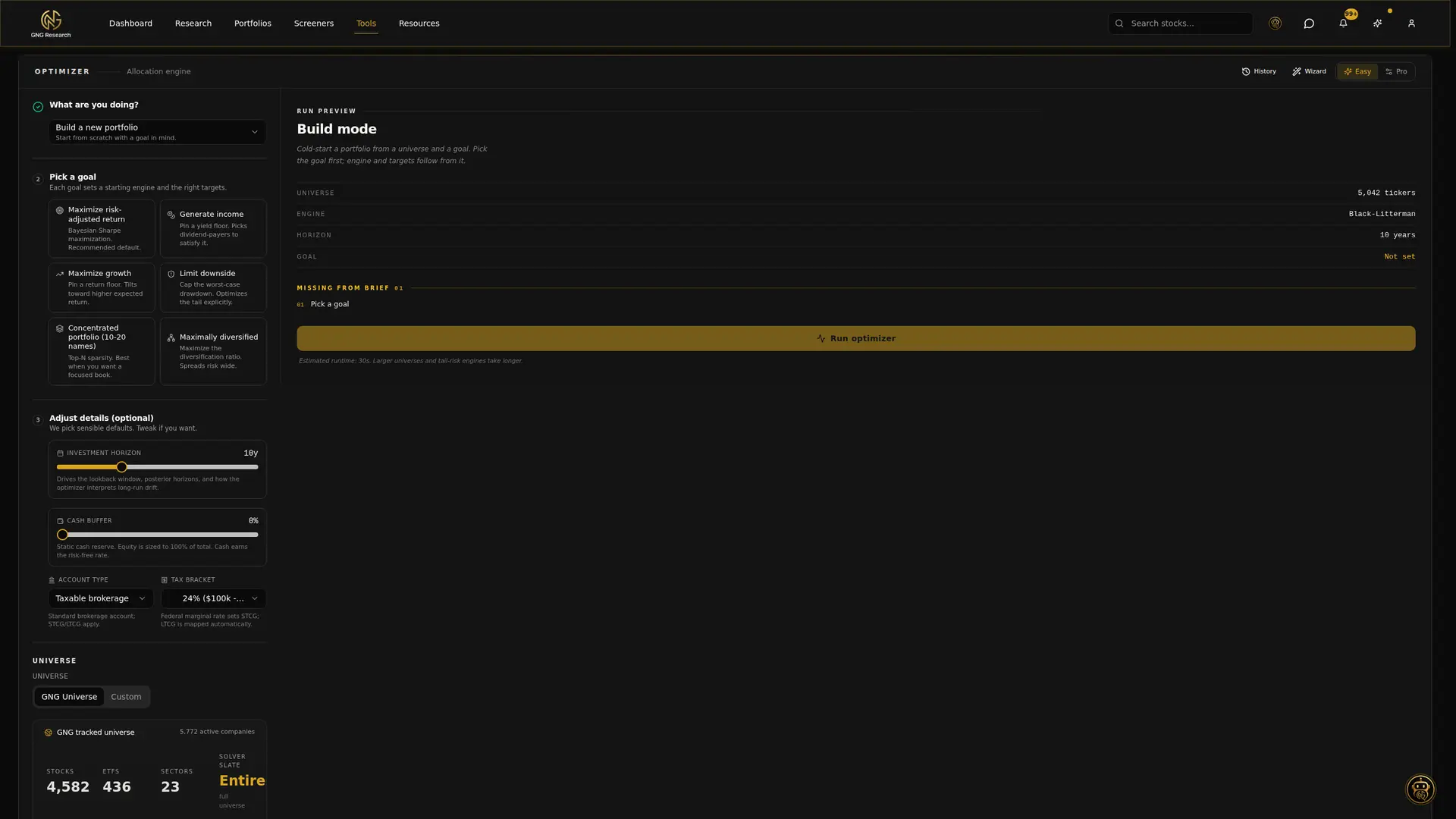 The GNG portfolio optimizer build mode with goal cards and the Black-Litterman engine selected