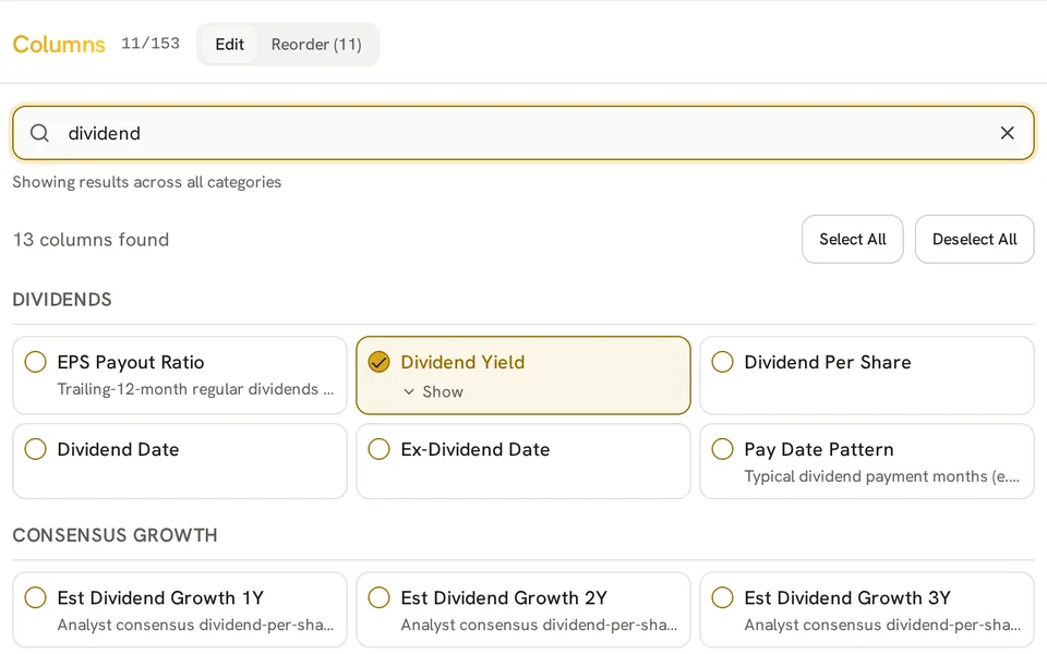 Column editor searched for dividend metrics, with Dividend Yield selected and Edit and Reorder tabs