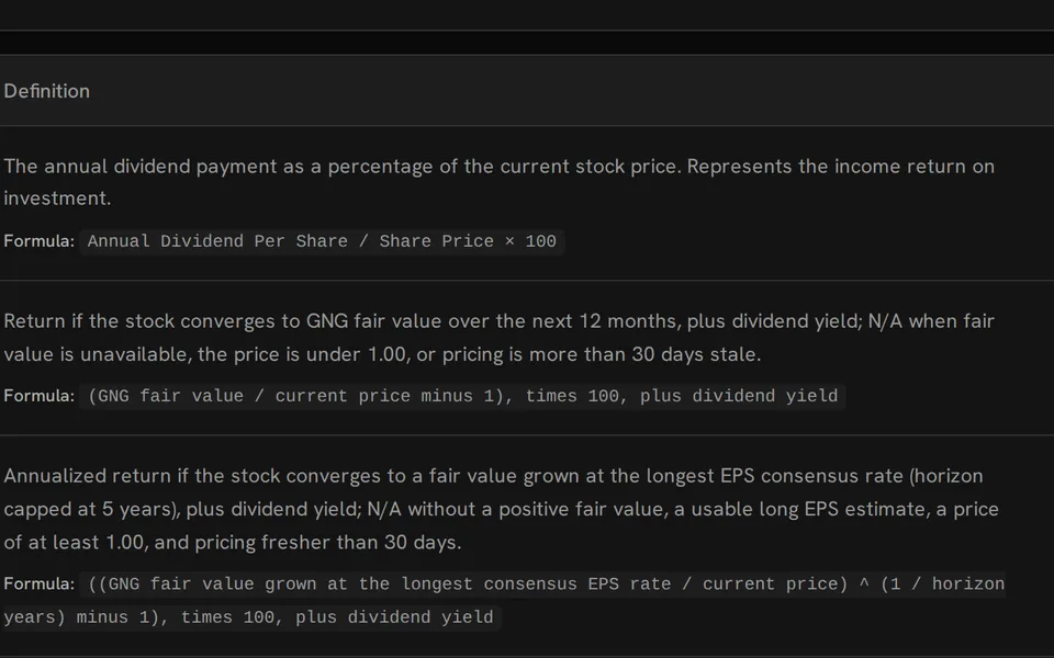 Data Dictionary definitions and formulas for dividend yield, 12-month justified return and long-term justified return